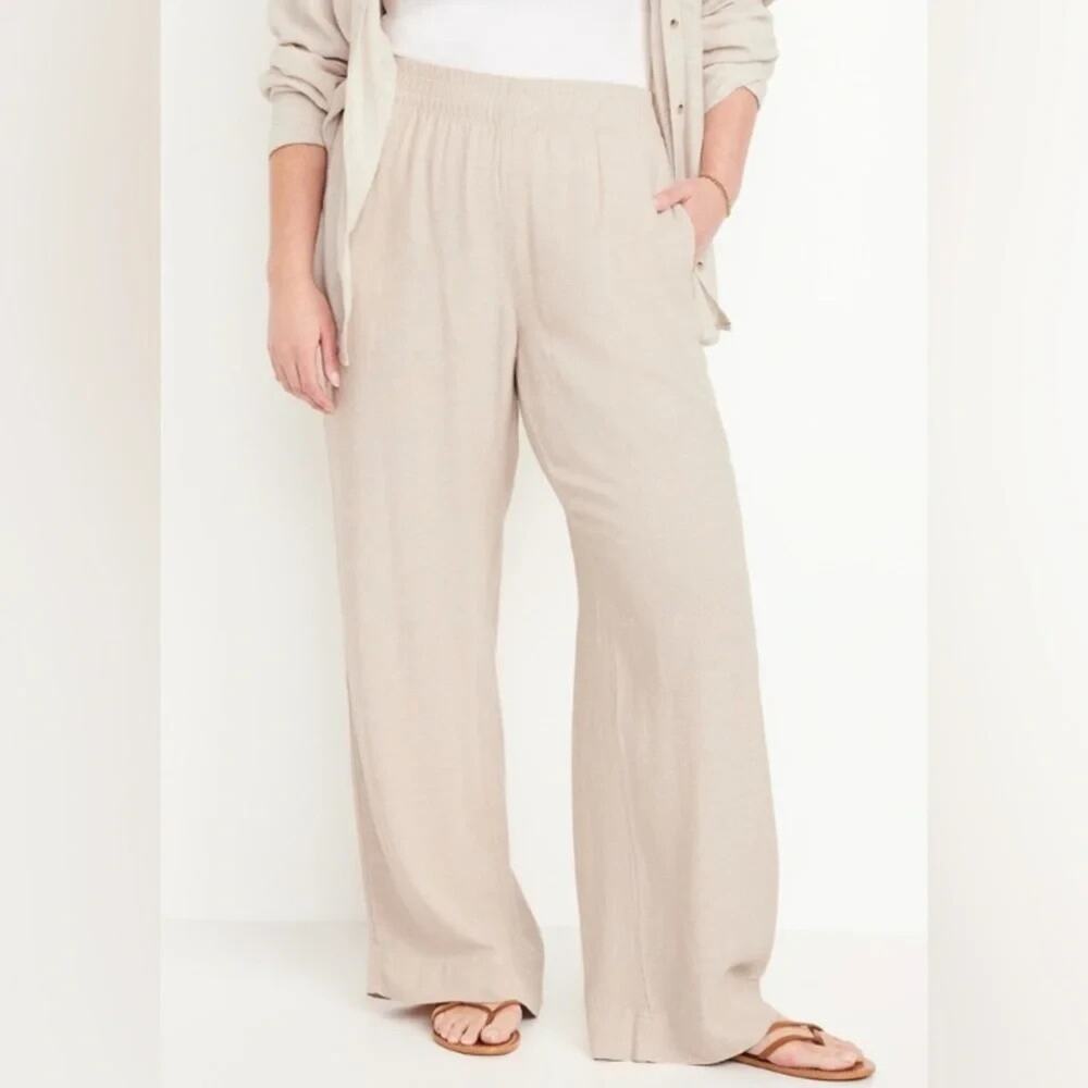 Old Navy Linen Blended Wide Leg Pants Womens size XL Tall Beige Pockets Pull-on